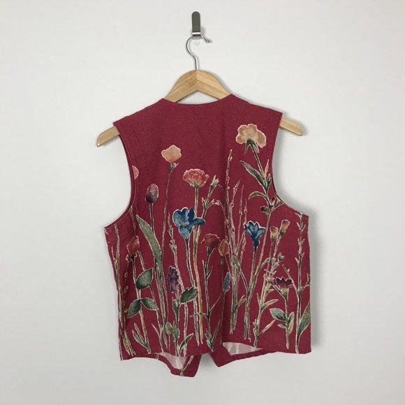 Vintage orvis vest red floral button front cotton linen blend women’s medium - Picture 5 of 5